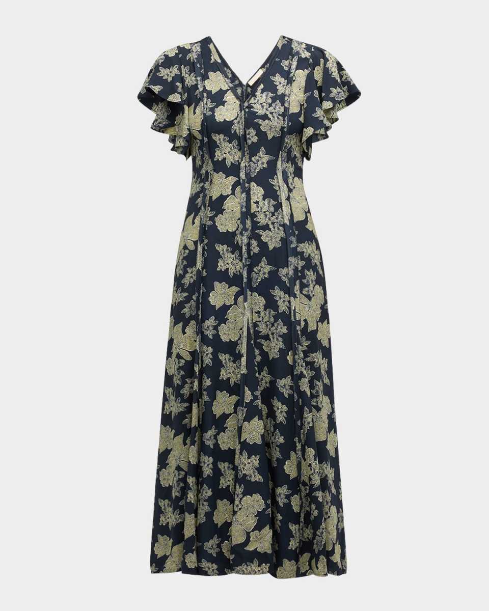Evette Seamed Floral-Print Midi Dress